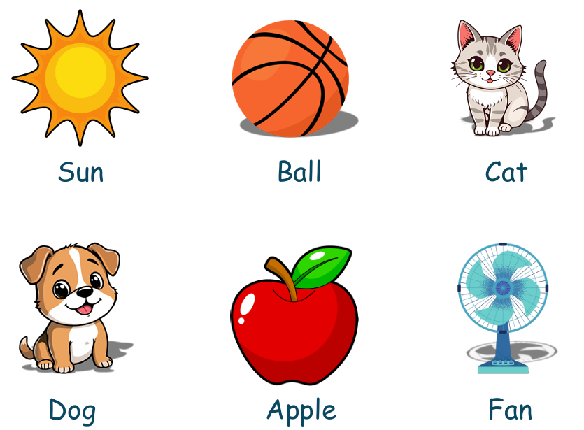 Sun, Ball, Cat, Dog, Apple, Fan