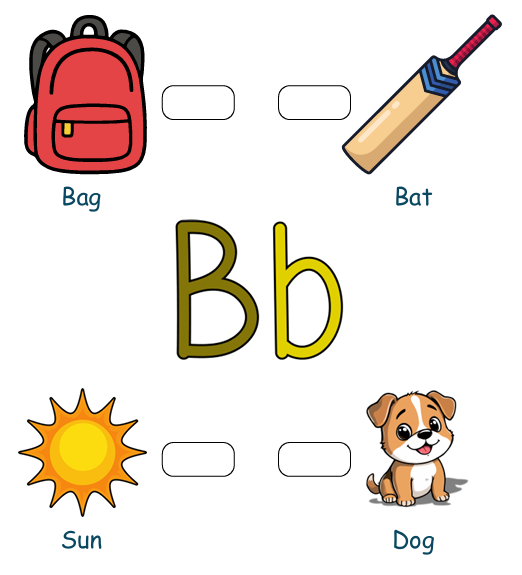 bat, ball, banana, book, cat, dog