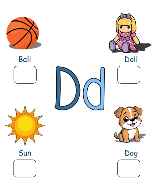 dog, duck, drum, doll, cat, ball